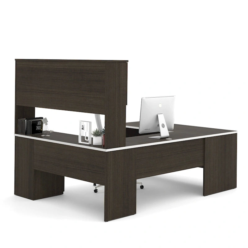 Scrivania direzionale a U in cioccolato fondente/cioccolato bianco e cioccolato fondente con credenza e mobiletto, assemblaggio a 2 persone
