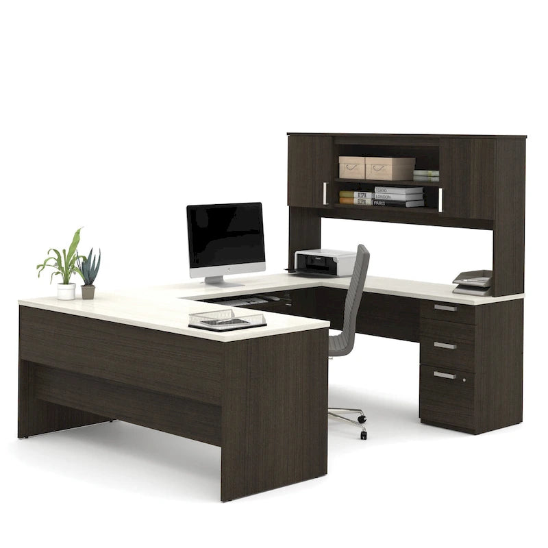 Scrivania direzionale a U in cioccolato fondente/cioccolato bianco e cioccolato fondente con credenza e mobiletto, assemblaggio a 2 persone