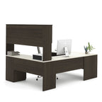 Scrivania direzionale a U in cioccolato fondente/cioccolato bianco e cioccolato fondente con credenza e mobiletto, assemblaggio a 2 persone