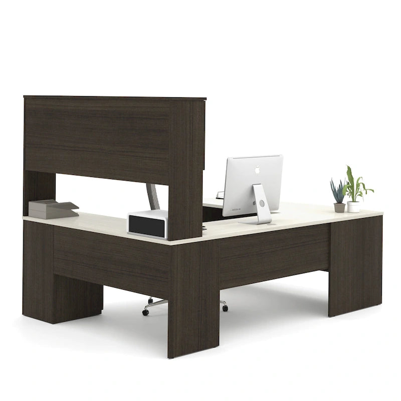 Scrivania direzionale a U in cioccolato fondente/cioccolato bianco e cioccolato fondente con credenza e mobiletto, assemblaggio a 2 persone