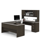 Scrivania direzionale a U in cioccolato fondente/cioccolato bianco e cioccolato fondente con credenza e mobiletto, assemblaggio a 2 persone