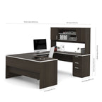 Scrivania direzionale a U in cioccolato fondente/cioccolato bianco e cioccolato fondente con credenza e mobiletto, assemblaggio a 2 persone