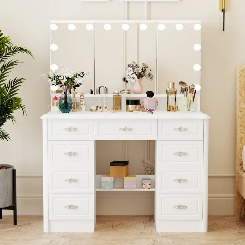 Mobile Trucco Bianco con Specchio a Tre Ante, 1 Persona