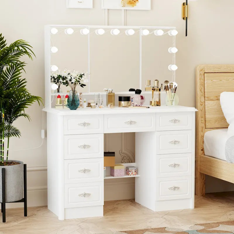 Mobile Trucco Bianco con Specchio a Tre Ante, 1 Persona