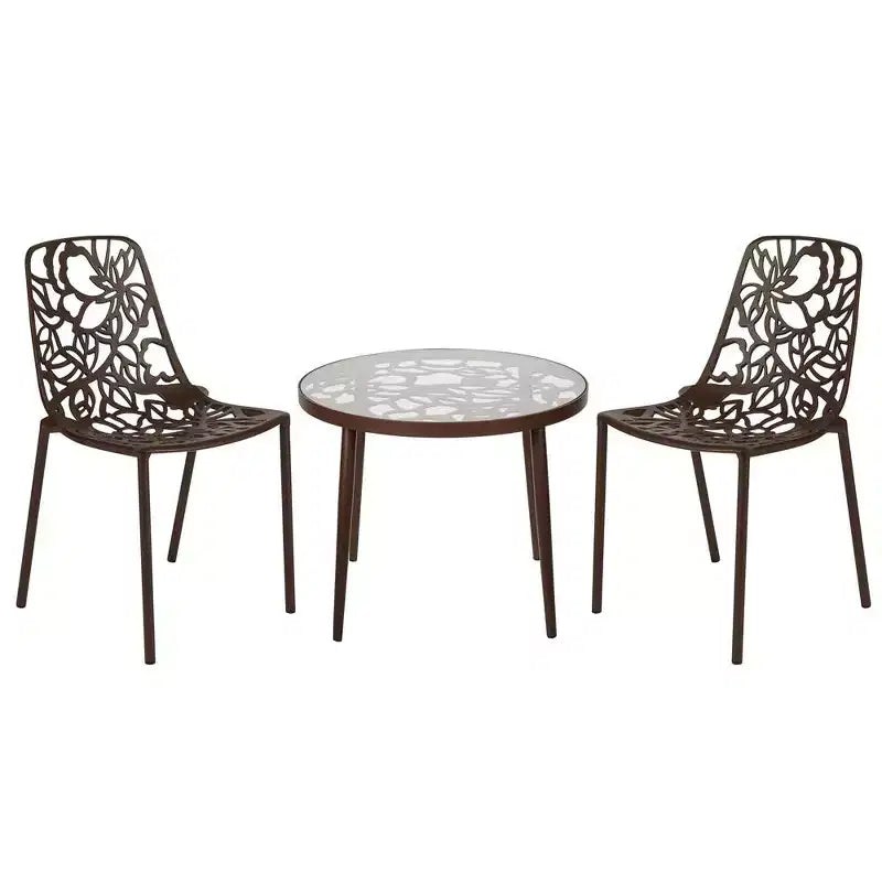 LeisureMod Devon Set da pranzo da esterno in alluminio a 3 pezzi con tavolo con piano in vetro temperato e 2 sedie impilabili con design floreale