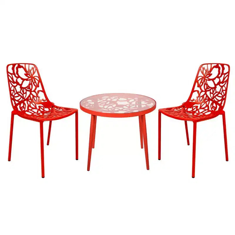 LeisureMod Devon Set da pranzo da esterno in alluminio a 3 pezzi con tavolo con piano in vetro temperato e 2 sedie impilabili con design floreale