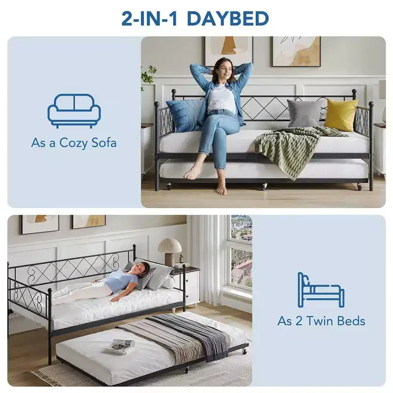 Whizmax Letto a Giorno Doppio in Metallo con Ruote Estraibili, Divano Letto con Rotelle Salvaspazio per Soggiorno, Camera da Letto e Camera degli Ospiti