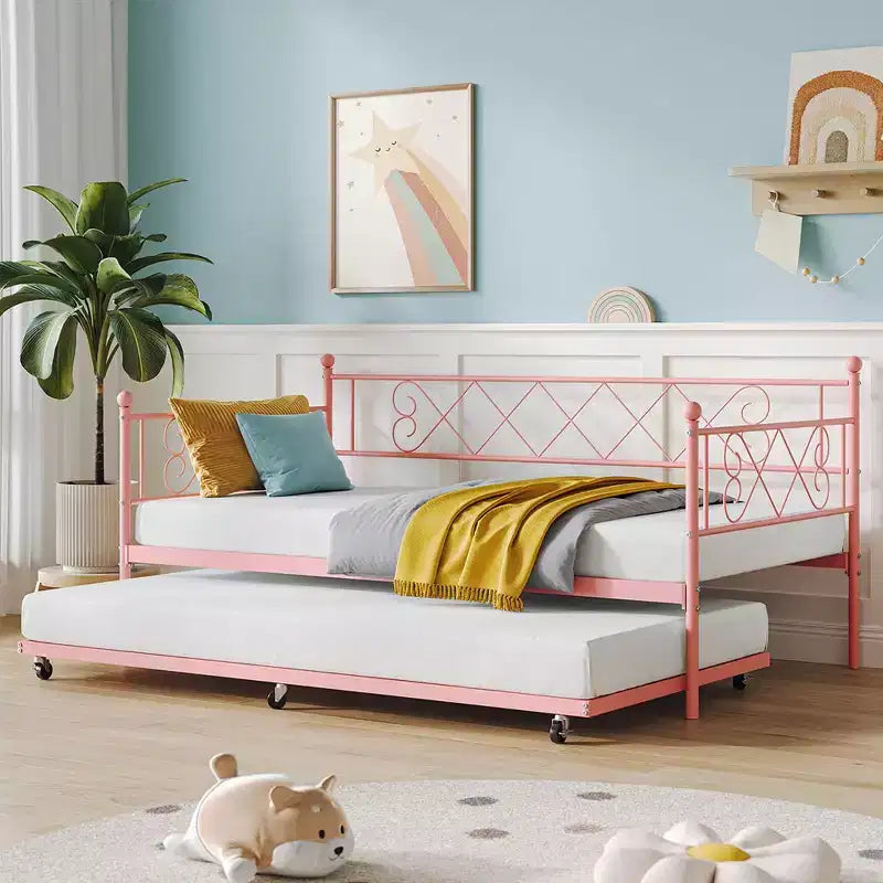 Whizmax Letto a Giorno Doppio in Metallo con Ruote Estraibili, Divano Letto con Rotelle Salvaspazio per Soggiorno, Camera da Letto e Camera degli Ospiti