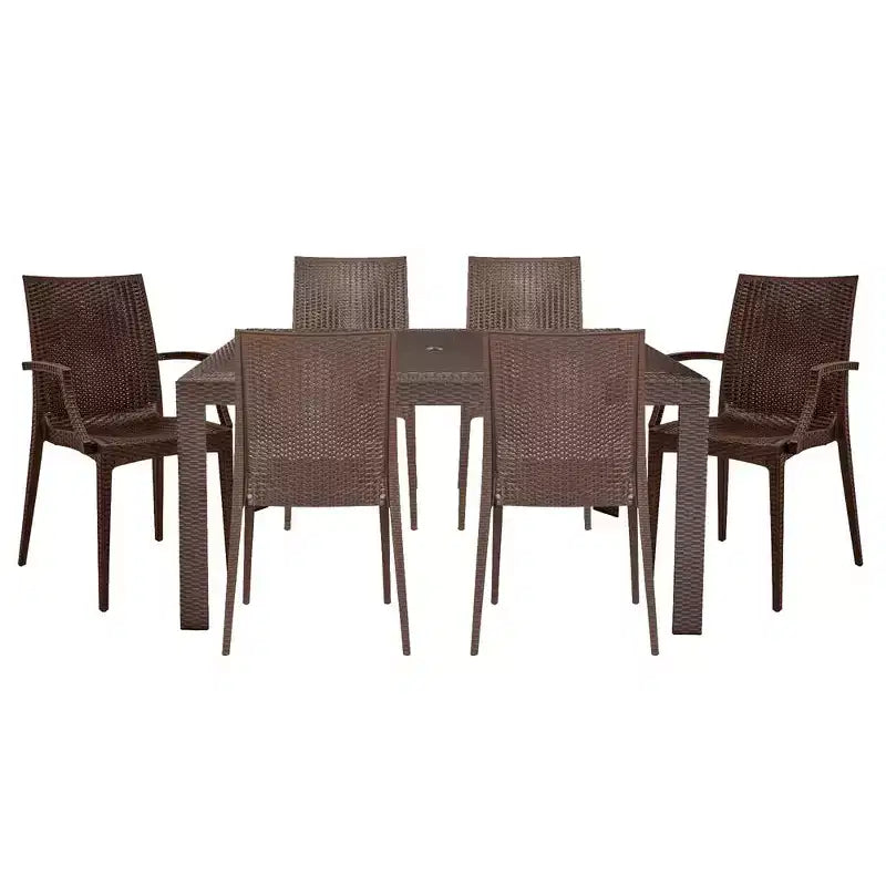 LeisureMod Mace Set da Pranzo Rettangolare da Esterno Mid-Century da 7 Pezzi con 4 Sedie Laterali e 2 Poltrone