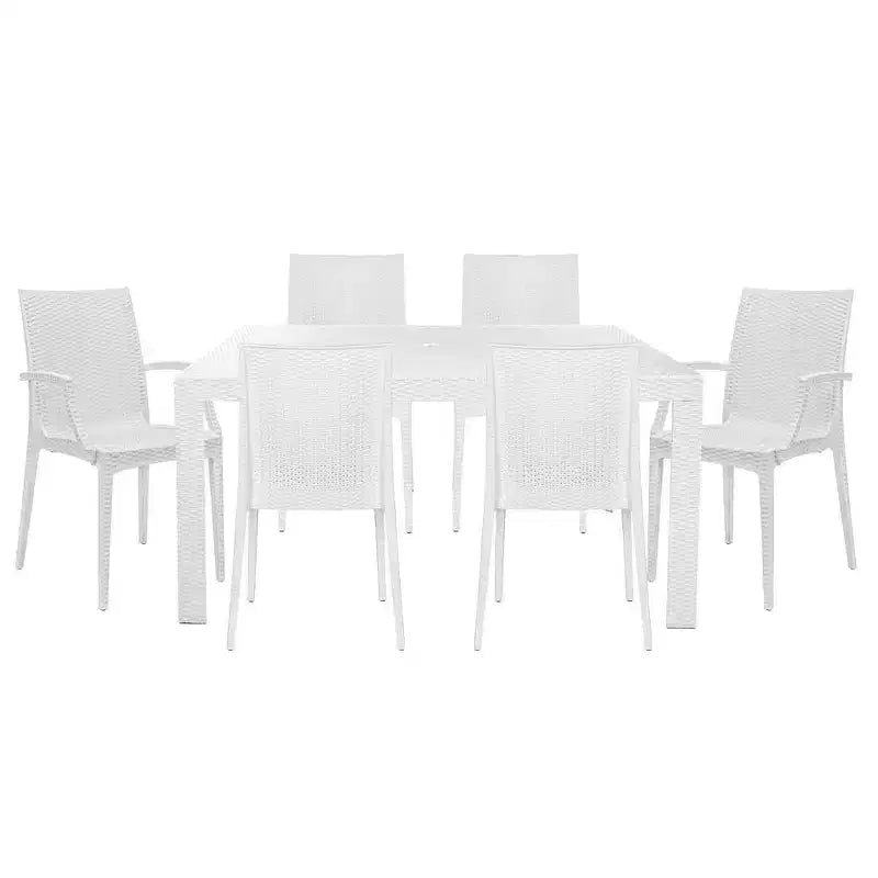 LeisureMod Mace Set da Pranzo Rettangolare da Esterno Mid-Century da 7 Pezzi con 4 Sedie Laterali e 2 Poltrone