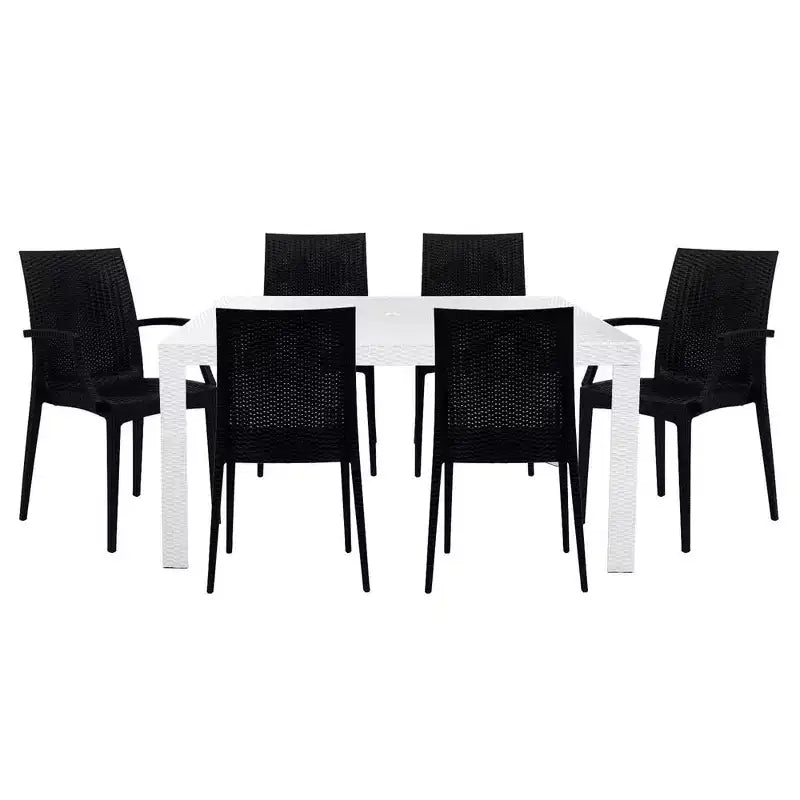 LeisureMod Mace Set da Pranzo Rettangolare da Esterno Mid-Century da 7 Pezzi con 4 Sedie Laterali e 2 Poltrone