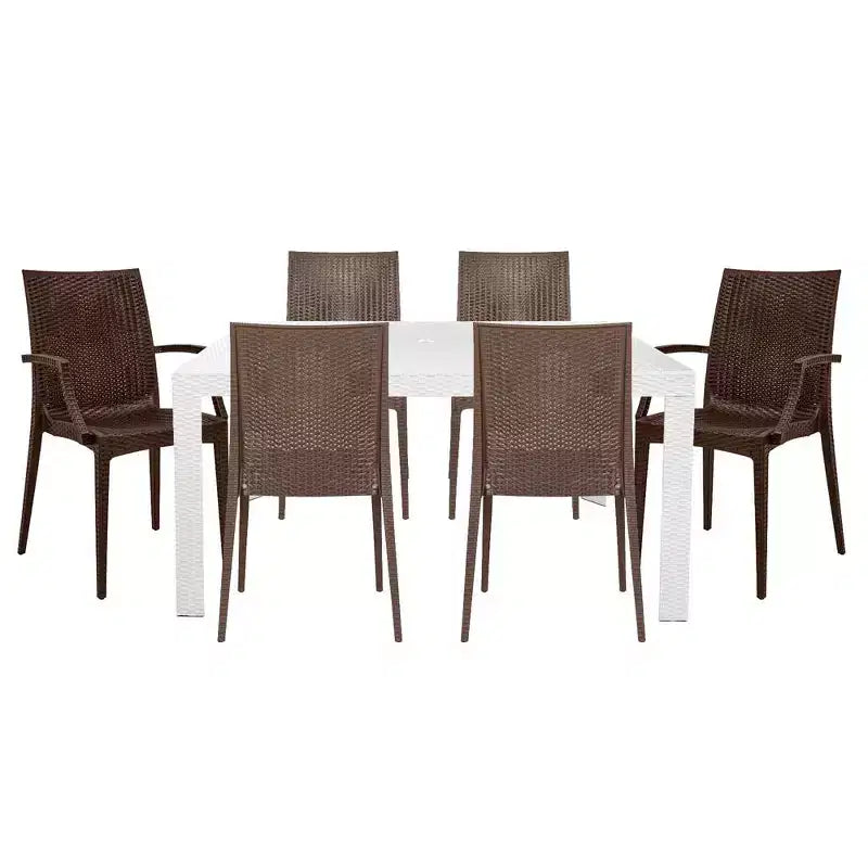 LeisureMod Mace Set da Pranzo Rettangolare da Esterno Mid-Century da 7 Pezzi con 4 Sedie Laterali e 2 Poltrone