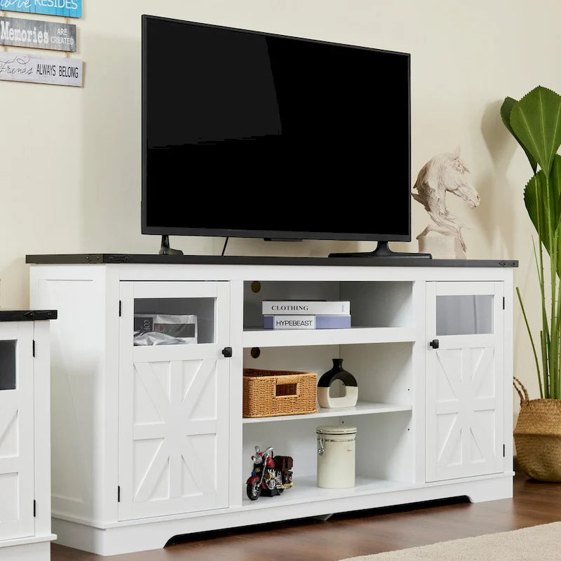 Mobile porta TV rustico da 66", nero/bianco, adatto per TV fino a 75", assemblaggio da 2 adulti