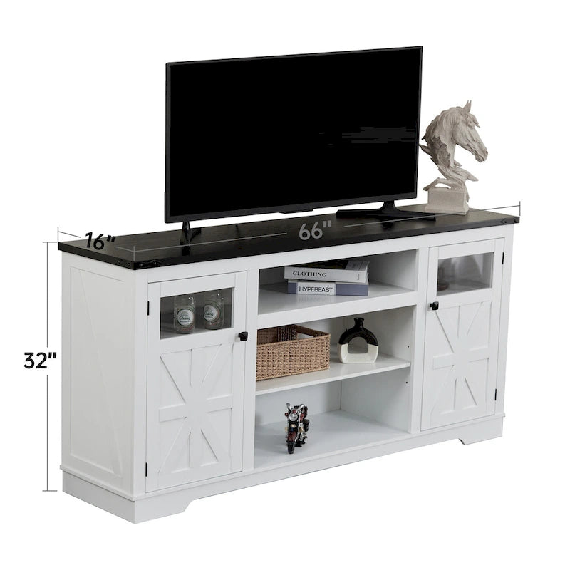 Mobile porta TV rustico da 66", nero/bianco, adatto per TV fino a 75", assemblaggio da 2 adulti