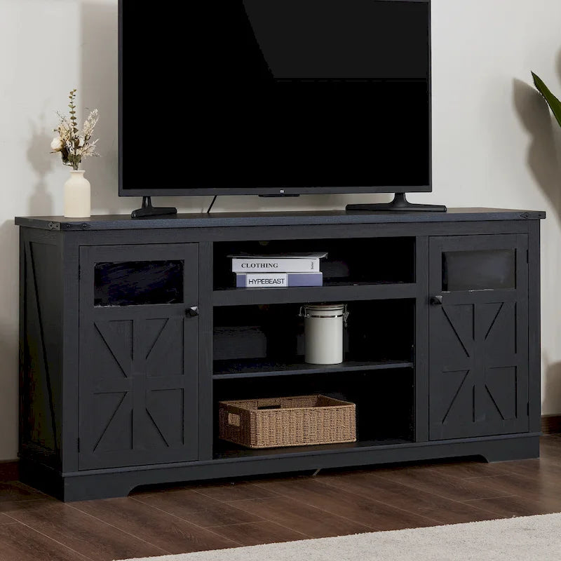 Mobile porta TV rustico da 66", nero/bianco, adatto per TV fino a 75", assemblaggio da 2 adulti