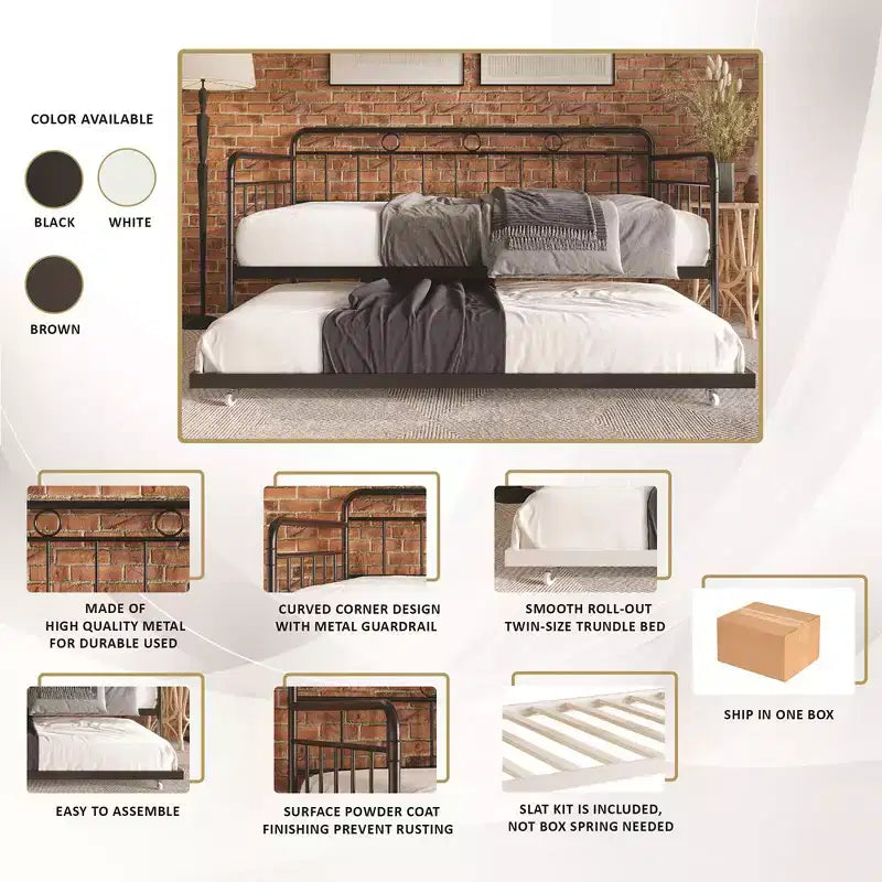 ChaletPosh Lettino in Metallo Twin Size con Rotelle Estraibili