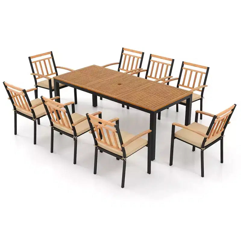 Set di Tavolo e Sedie da Pranzo Esterni Costway 9 Pezzi Tavolo con Piano in Legno di Acacia Foro per Ombrellone