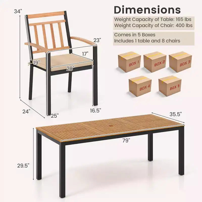 Set di Tavolo e Sedie da Pranzo Esterni Costway 9 Pezzi Tavolo con Piano in Legno di Acacia Foro per Ombrellone