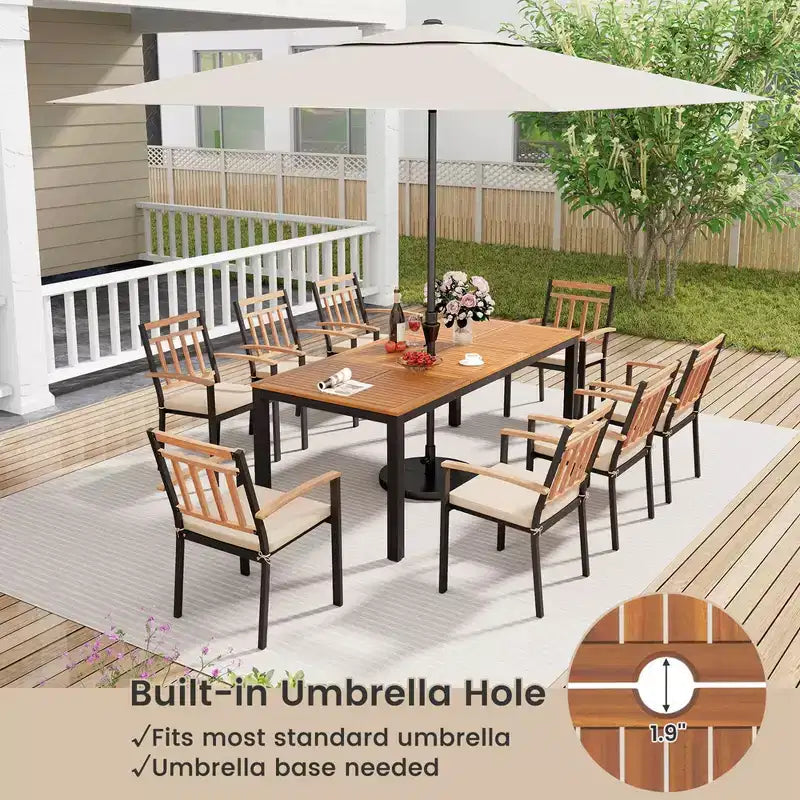 Set di Tavolo e Sedie da Pranzo Esterni Costway 9 Pezzi Tavolo con Piano in Legno di Acacia Foro per Ombrellone