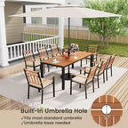 Set di Tavolo e Sedie da Pranzo Esterni Costway 9 Pezzi Tavolo con Piano in Legno di Acacia Foro per Ombrellone