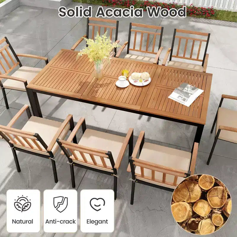 Set di Tavolo e Sedie da Pranzo Esterni Costway 9 Pezzi Tavolo con Piano in Legno di Acacia Foro per Ombrellone