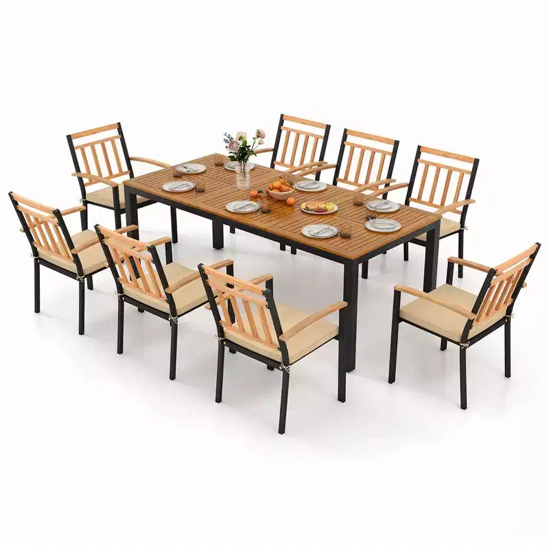 Set di Tavolo e Sedie da Pranzo Esterni Costway 9 Pezzi Tavolo con Piano in Legno di Acacia Foro per Ombrellone