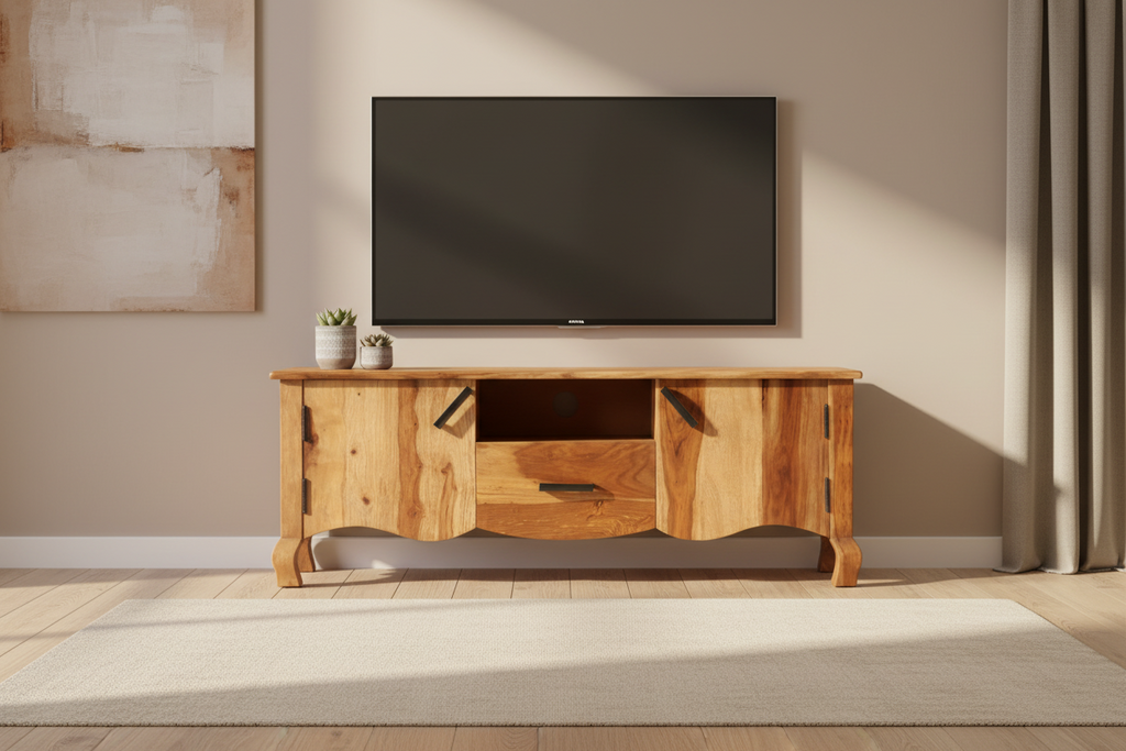 Mobile TV Marrone in Legno Massello – 2 Ante, 1 Cassetto, 1 Ripiano