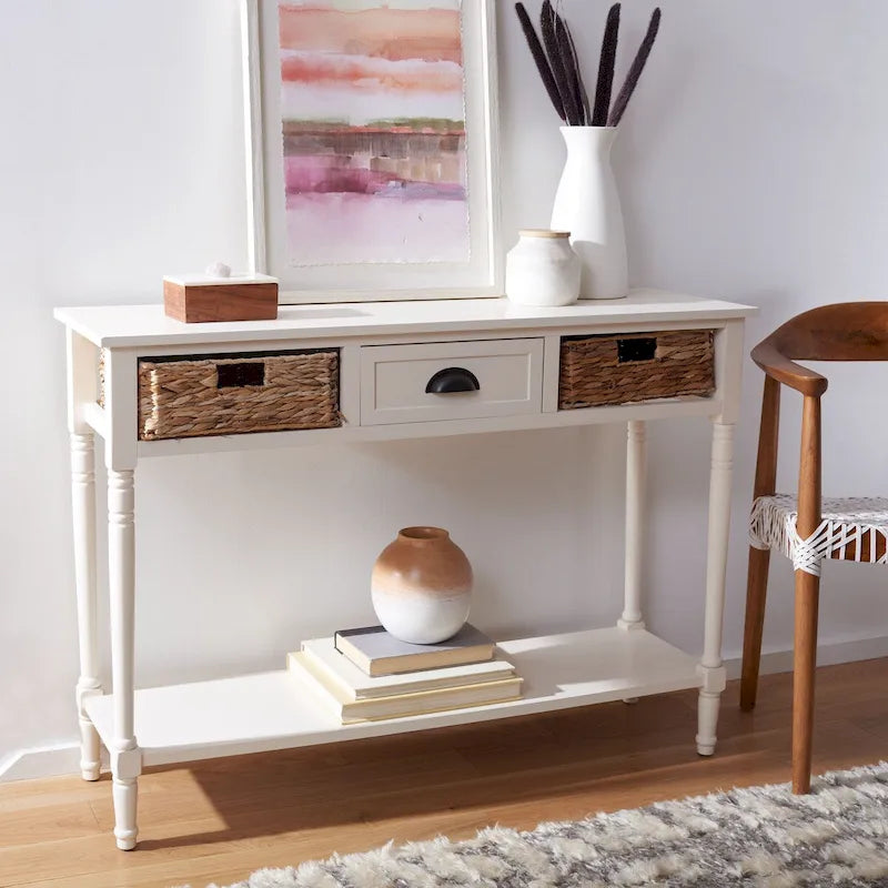 Consolle effetto invecchiato/vintage con cassetti e ripiano in rattan — 5 colori