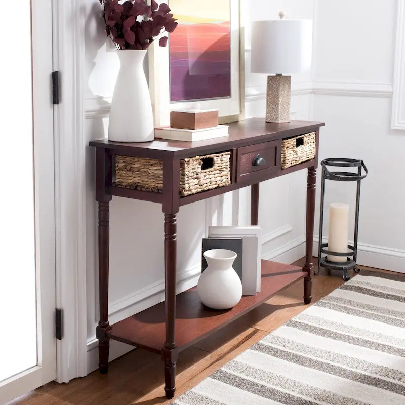 Consolle effetto invecchiato/vintage con cassetti e ripiano in rattan — 5 colori