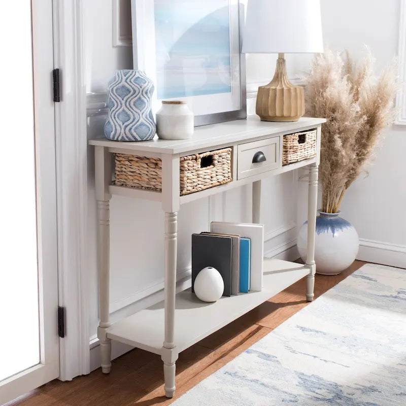 Consolle effetto invecchiato/vintage con cassetti e ripiano in rattan — 5 colori