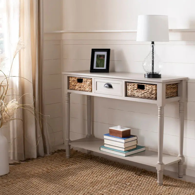 Consolle effetto invecchiato/vintage con cassetti e ripiano in rattan — 5 colori