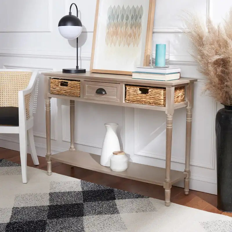 Consolle effetto invecchiato/vintage con cassetti e ripiano in rattan — 5 colori