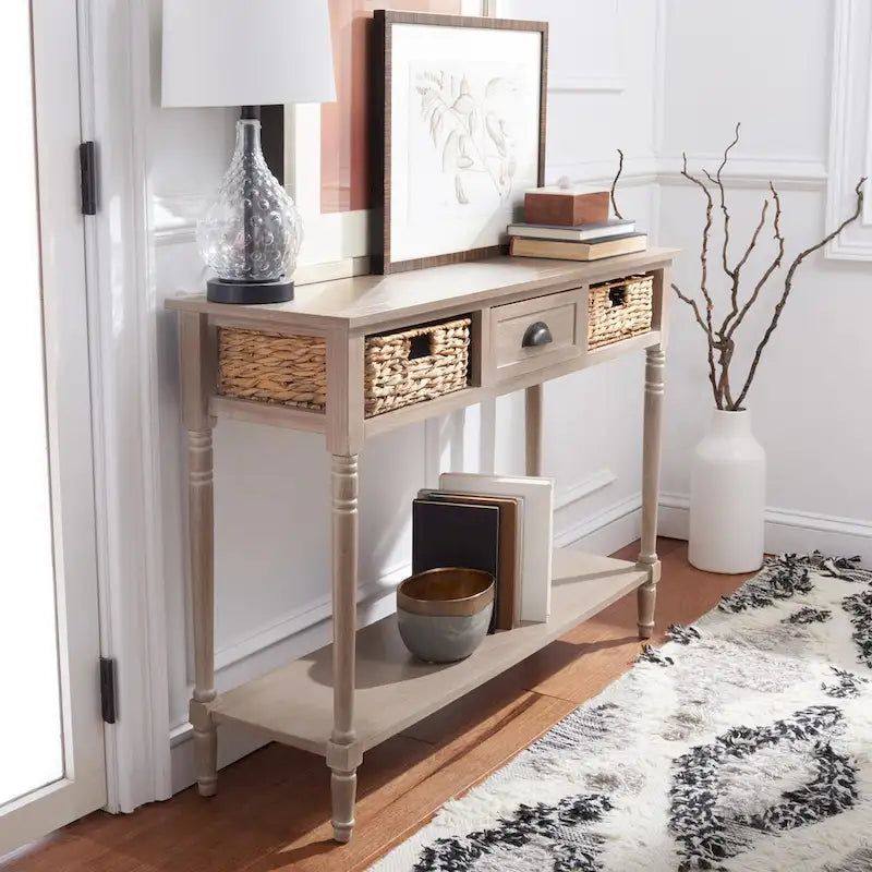 Consolle effetto invecchiato/vintage con cassetti e ripiano in rattan — 5 colori