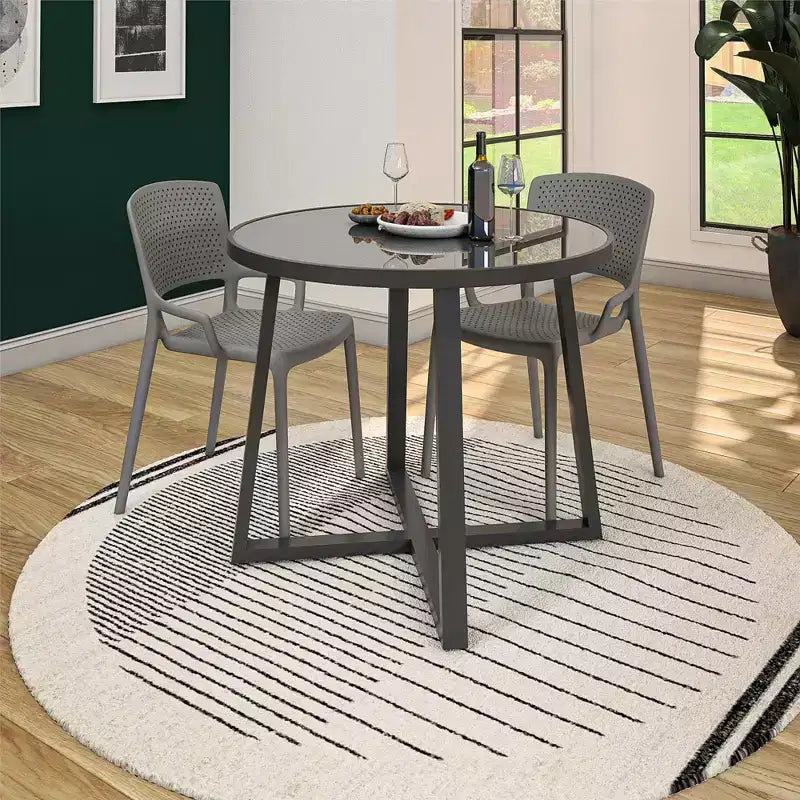 Tavolo da pranzo rotondo COSCO Indoor/Outdoor 35 con piano in vetro, grigio scuro