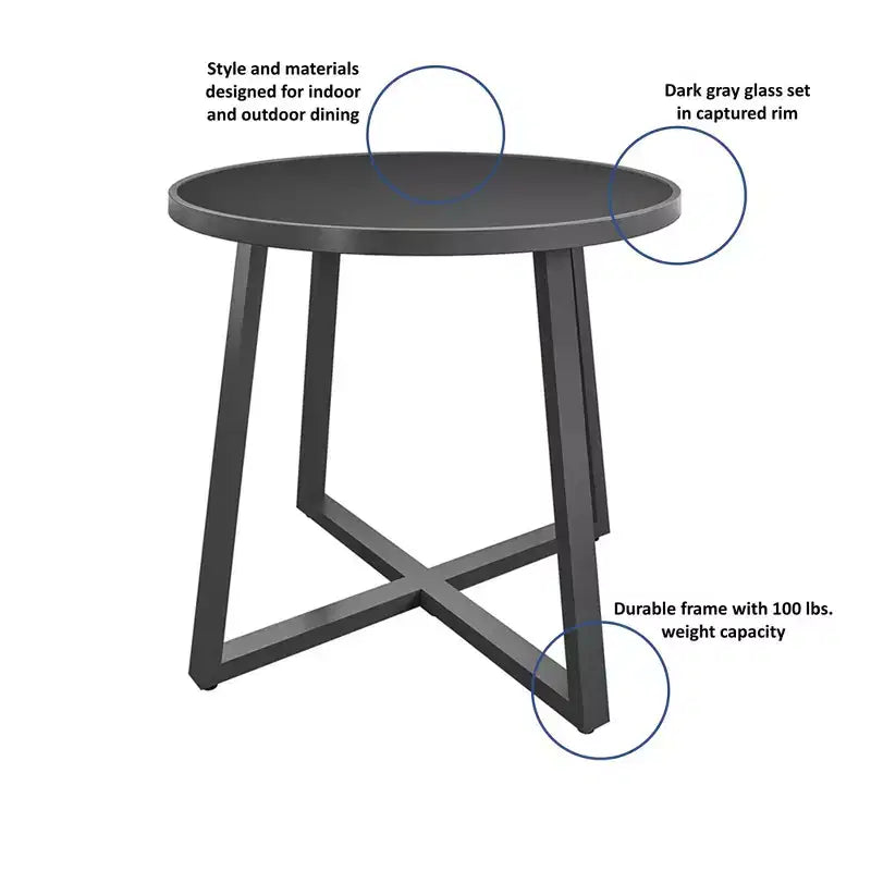 Tavolo da pranzo rotondo COSCO Indoor/Outdoor 35 con piano in vetro, grigio scuro