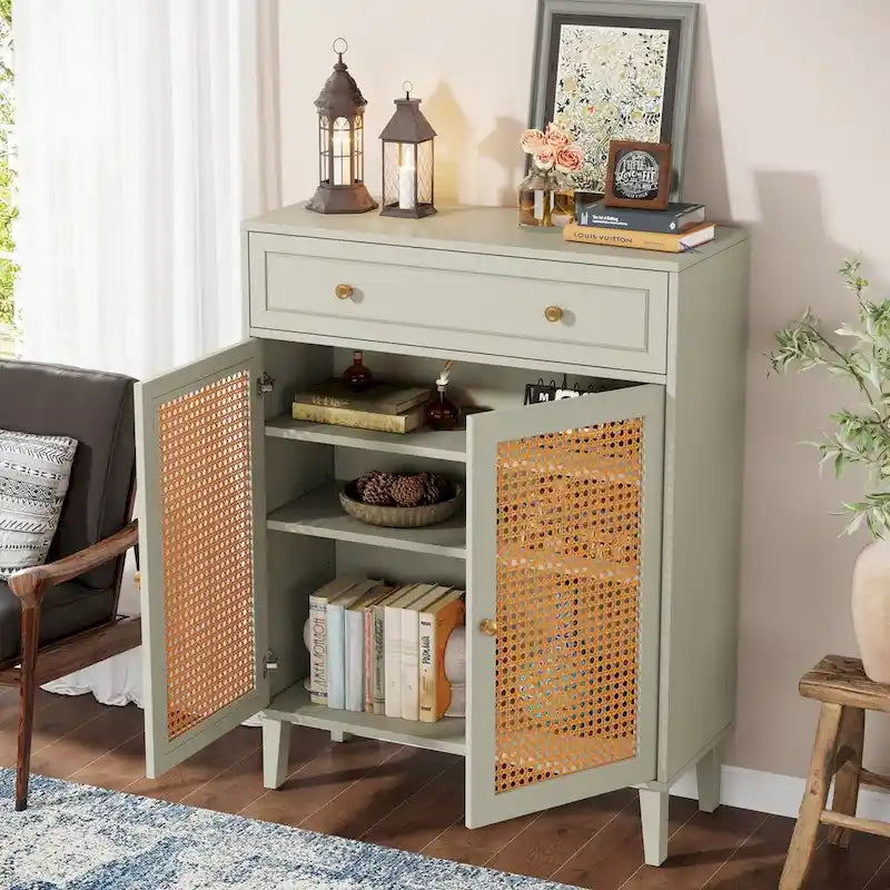 Armadietto portaoggetti in rattan verde menta con ripiani regolabili e cassetto, montaggio da 1 persona