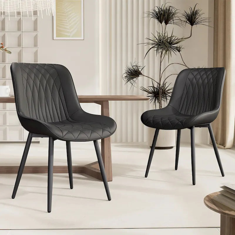 Sedia da pranzo senza braccioli, set da 2, seduta imbottita in pelle, struttura in metallo — Nero / Bianco / Grigio / Blu / Marrone / Tan / Kaki / Verde