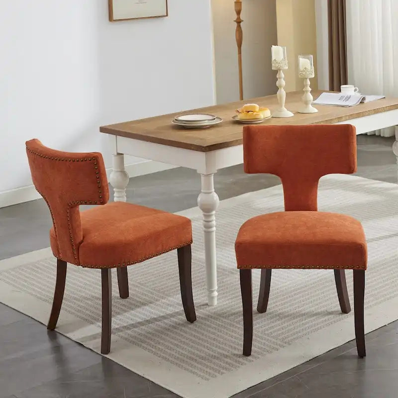 Sedia da pranzo senza braccioli in lino grigio/arancione con schienale curvo – Set da 2