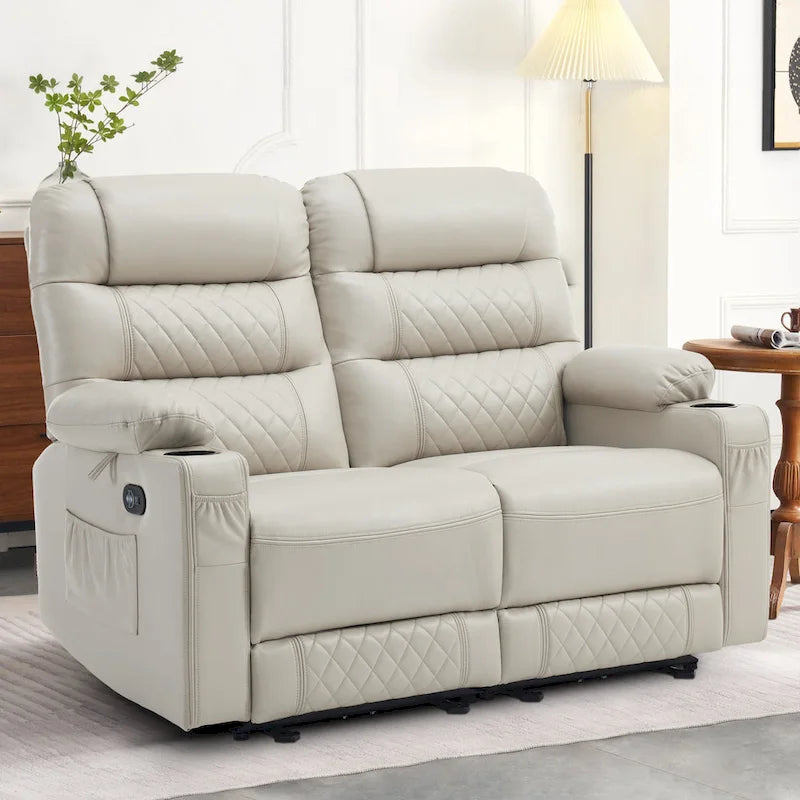 Divanetto reclinabile elettrico per 2 - Saddle / Marrone scuro / Grigio chiaro, Riscaldamento e Vibrazione, Porte USB, Portabicchieri
