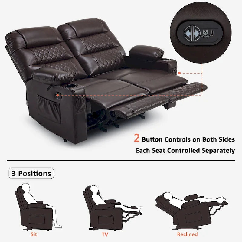 Divanetto reclinabile elettrico per 2 - Saddle / Marrone scuro / Grigio chiaro, Riscaldamento e Vibrazione, Porte USB, Portabicchieri