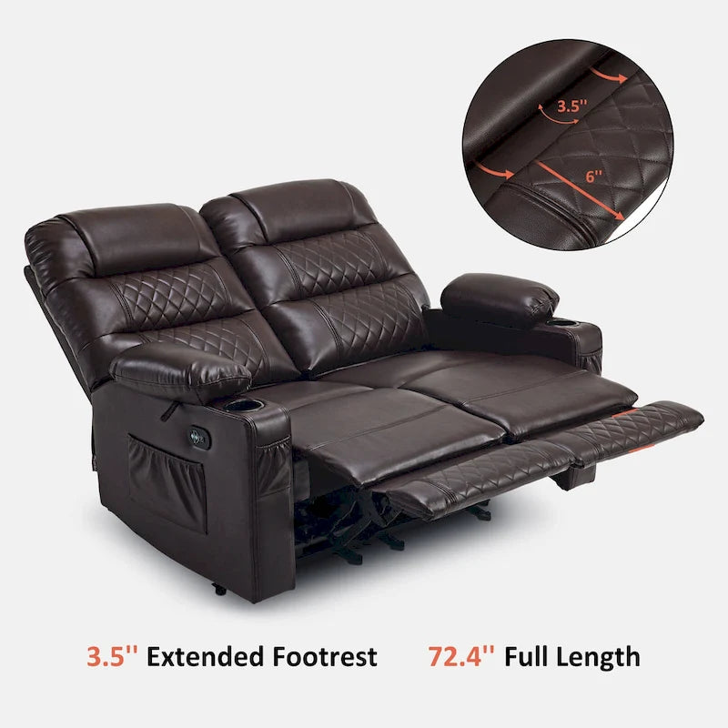 Divanetto reclinabile elettrico per 2 - Saddle / Marrone scuro / Grigio chiaro, Riscaldamento e Vibrazione, Porte USB, Portabicchieri