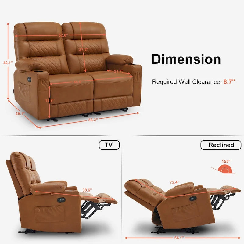 Divanetto reclinabile elettrico per 2 - Saddle / Marrone scuro / Grigio chiaro, Riscaldamento e Vibrazione, Porte USB, Portabicchieri