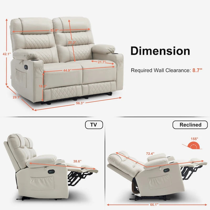 Divanetto reclinabile elettrico per 2 - Saddle / Marrone scuro / Grigio chiaro, Riscaldamento e Vibrazione, Porte USB, Portabicchieri