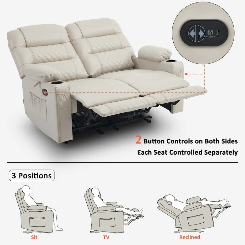 Divanetto reclinabile elettrico per 2 - Saddle / Marrone scuro / Grigio chiaro, Riscaldamento e Vibrazione, Porte USB, Portabicchieri