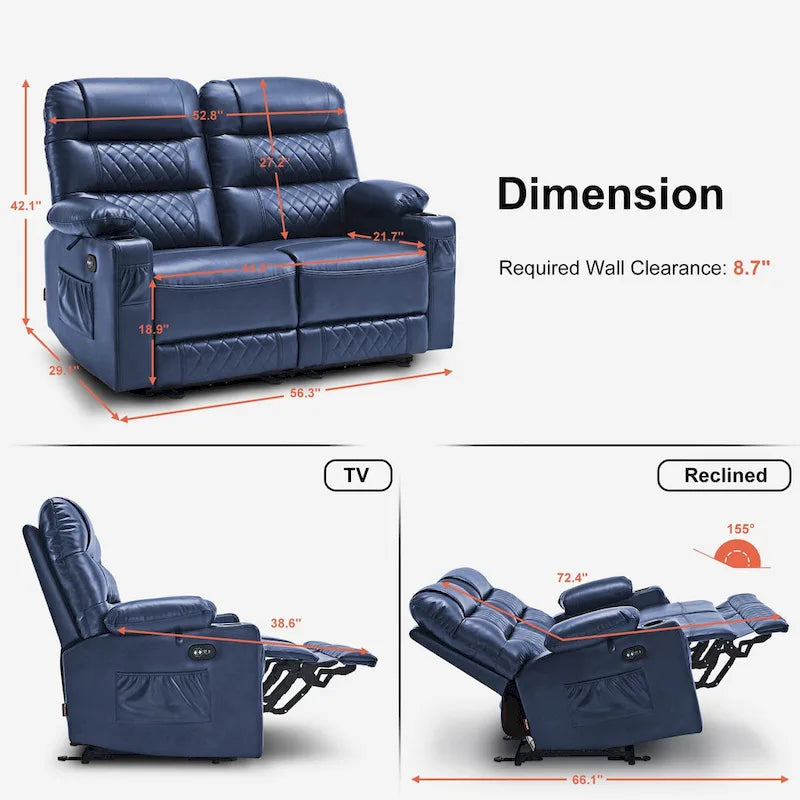 Divanetto reclinabile elettrico per 2 - Saddle / Marrone scuro / Grigio chiaro, Riscaldamento e Vibrazione, Porte USB, Portabicchieri