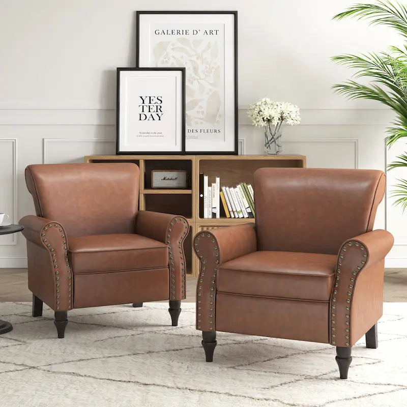 Poltrona d'Appoggio in Similpelle Marrone/Nera/Grigia, Braccioli Arrotondati e Rivetti Decorativi, Set da 2