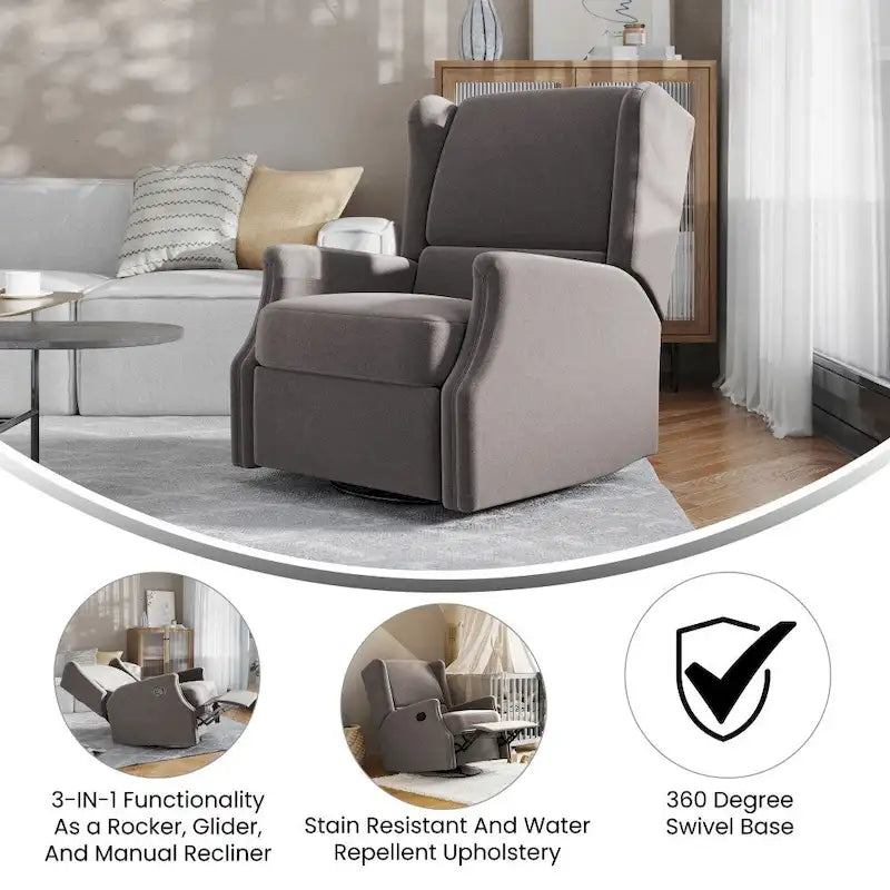 Poltrona reclinabile, a dondolo e girevole Wingback, color crema/grigio chiaro/grigio scuro, per 1 persona