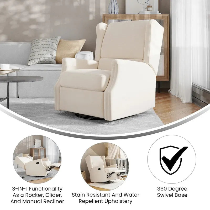 Poltrona reclinabile, a dondolo e girevole Wingback, color crema/grigio chiaro/grigio scuro, per 1 persona