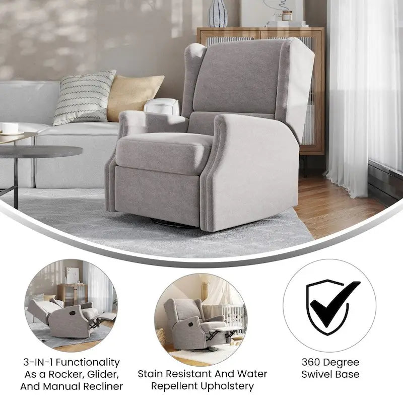 Poltrona reclinabile, a dondolo e girevole Wingback, color crema/grigio chiaro/grigio scuro, per 1 persona
