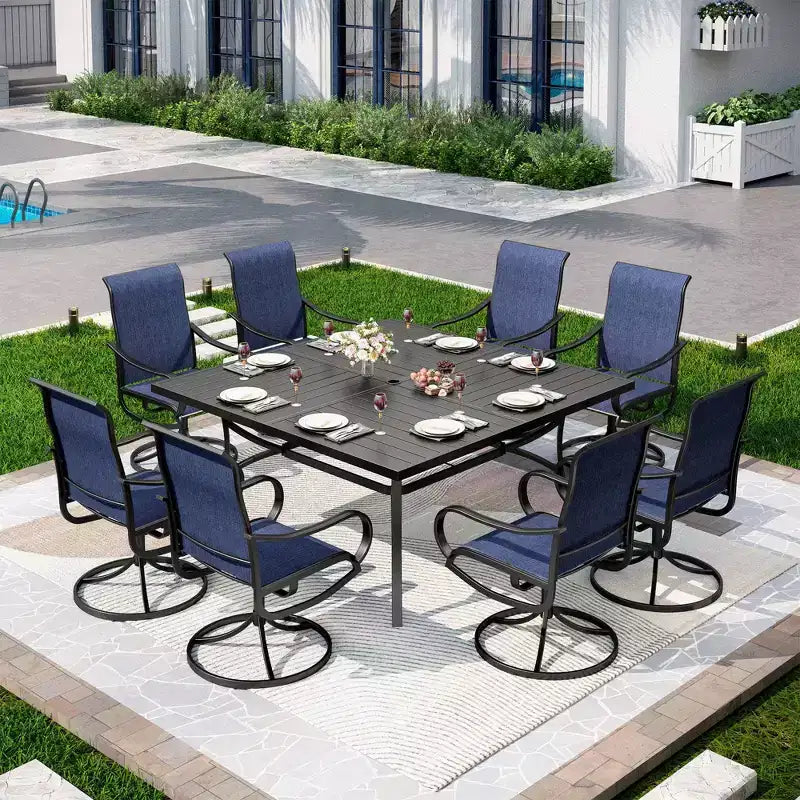 Captiva Designs Set da 9 Pezzi con Tavolo da Pranzo Quadrato in Metallo con Piano a Doghe e Sedie Girevoli Sling da Esterno
